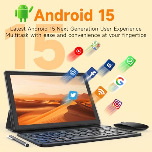 Image of Android 15 Tablet 10 inch, 2 in 1 Tablet with Keyboard. 6GB RAM+32GB ROM Support 1TB Expandable Tablets PC, Quad-Core CPU, HD Screen, BT, WiFi, Long Battery Life Tablets with Case Mouse Stylus, Black