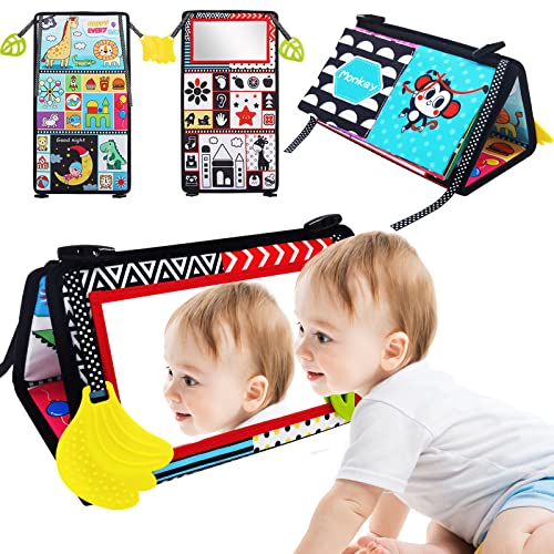 Baby Spiegel Spielzeug mit Knisterbuch, Faltbarer Baby Bauchlage Spielzeug Schwarz Weiß Kontrastmuster, Baby Stoffbuch Bilderbuch mit Kontrastkarten Kontrastmuster für Neugeborenes 0-6 Monate Cover