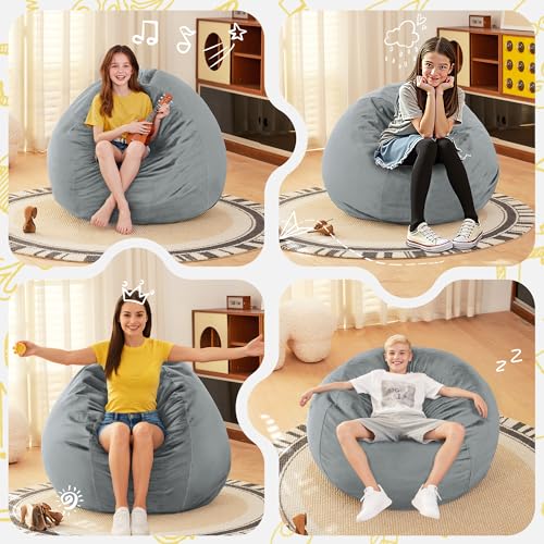 Image of HABUTWAY 2FT Bean Bag Chair, 2' Beanbags Small Bean Bag Chairs with Filling, Teardrop Bean Bag Chair Luxurious Velvet Ultra Soft Fur with Removable Cover(Light Grey)
