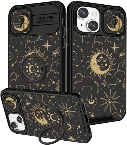 Pegmode (2in1 for iPhone 13 Case/for iPhone 14 Case for Women Sun Moon Cute Girls Phone Cases Aesthetic Pretty Stars Design with Camera Cover+Ring Holder Cool Luxury for Apple 13/Apple 14 Cover 6.1''