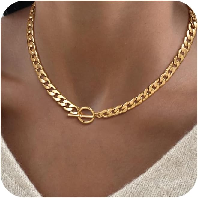 CHESKY 14K Gold Plated Chunky Necklace for Women, Trendy Paperclip Chain Necklace Thick Cross Heart Pendant Necklace Layered Herringbone Cuban Link Chain Toggle Necklaces Non Tarnish Jewelry