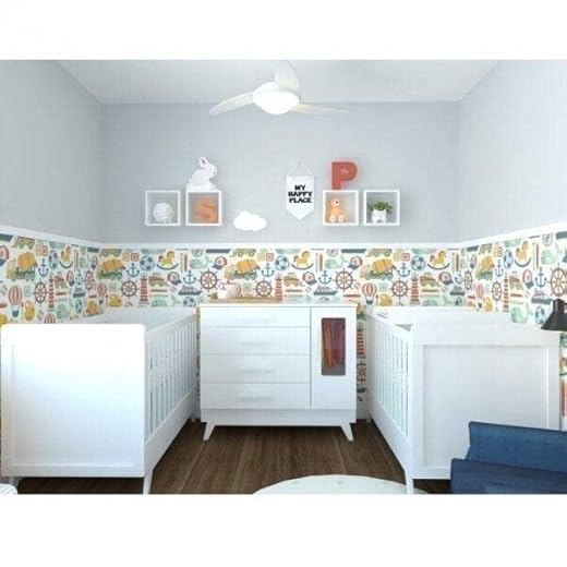 Quarto de Bebê Completo Gêmeos com 2 Berços, Cômoda, Nichos e Trocador Algodão Doce Espresso Móveis Branco