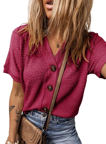 Image of Dokotoo Womens Summer Tops 2026 Waffle Knit Button Down Shirts | Trendy,V Neck,Loose Fit,Jacket,Short Sleeve,Summer Cardigan,Cropped,Shacket,Going Out Outfits,Dressy