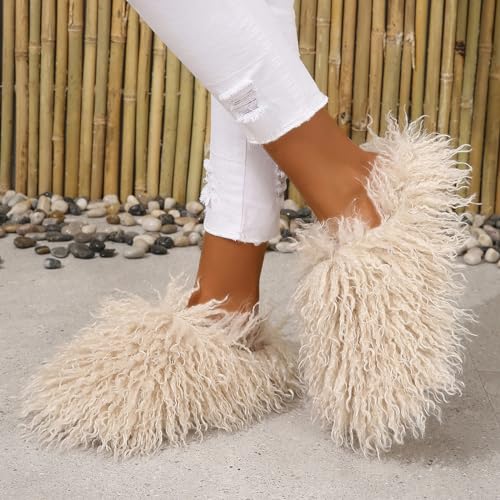 Image of Unisex Fuzzy Faux Fur Slippers, Women's Fluffy Long Hair Sheep Faux Fur Slip on Slides, Girls Luxury Big Fluffy Outdoor Flat Slippers, Long Curly Hair Non-Slip Warm Home Slide Shoes