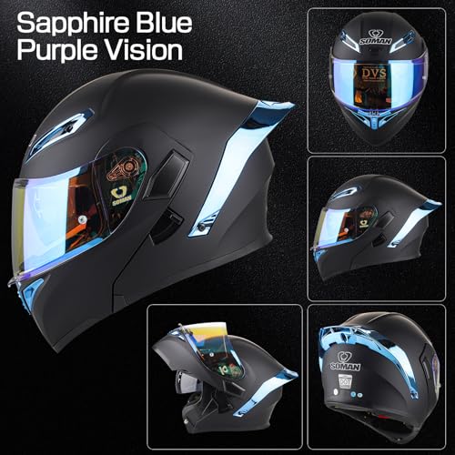 Motorcycle Helmet with Bluetooth - DOT Modular Motorcycle Helmets with Dual Visor, Flip Up Full Face Purple Helmet with Speaker and Mic (Black + Blue, XX-Large) by Quaxton - Used condition - Image 4