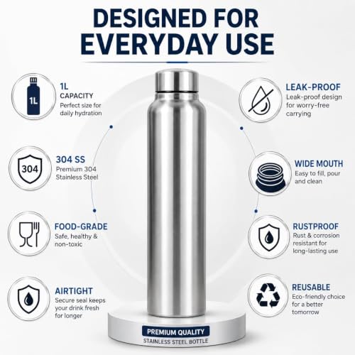 Image of TREVIO 1 Litre Stainless Steel Water Bottle, 304 Grade Food-Grade Steel Bottle with Airtight Leak-Proof Screw Cap, Wide Mouth, Rustproof Reusable Water Bottle for Office, Home, College & Travel (3)