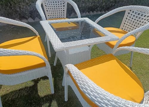 Image of PRATHAM India Patio 4+1 Furniture Set Bistro Set Porch Backyard Garden Outdoor Furniture Rattan Chairs and Table Wicker Conversation Set (White with Black Lines, Yellow Cushion 4+1 Square Table)