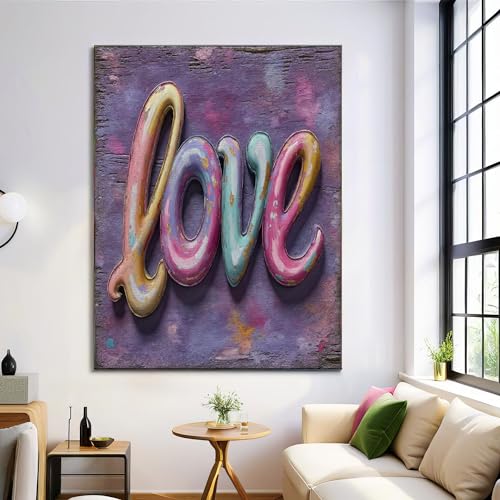 Cuadros de grafiti 3D con letras Love en lienzo púrpura de 70x100 cm para salón