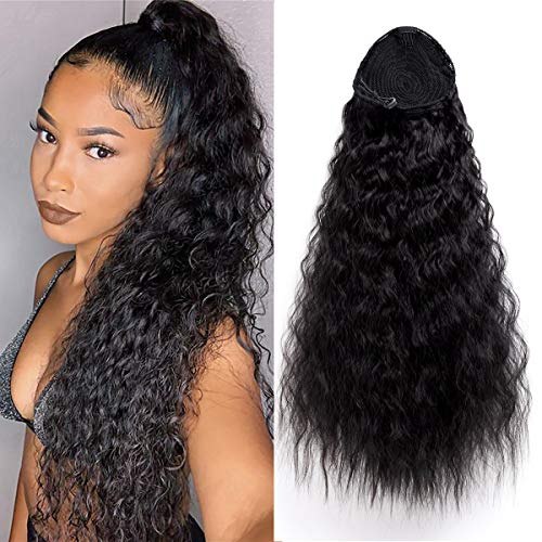 AICILY Synthetic Kinky Straight Ponytail Long Afro Kinkly Curly Hair Bun Extension With Two Plastic Combs Hairpiece Yaki Clip In Hair Extensions(20inches BLACK-1B)