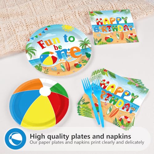 Image of Greencian 96Pcs Beach Ball 1st Birthday Summer Party Decorations, Serves 24 | Summer Beach Ball 1st Birthday Plates and Napkins Fun to Be One Tableware Set for Baby Shower Luau Pool Party Supplies
