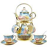 20 Pieces Porcelain Tea Set With Metal Holder, European Ceramic tea set for adults,Flower Tea Set,Tea Set For Women With Flower Painting
