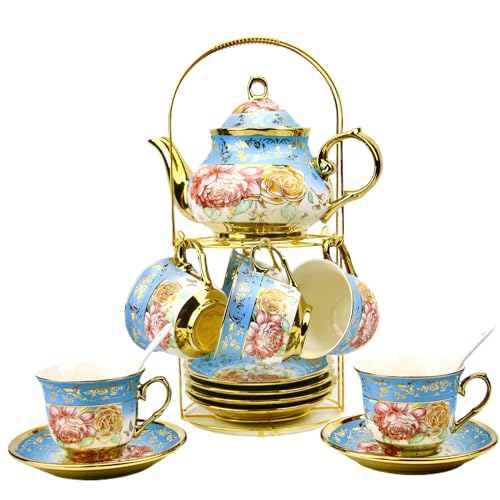 20 Pieces Porcelain Tea Set With Metal Holder, European Ceramic