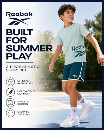 Image of Reebok Boys Athletic Shorts Set - 3 Piece Summer Clothes Outfit with Graphic Tees and Boys Running Shorts for Active Kids