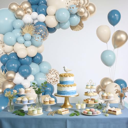 Image of Ouddy Life 157 Pcs Dusty Blue Balloons Garland Arch Kit, Fog Pastel Slate Blue Sand White Champagne Gold Confetti Balloons Different Size for Boho Bridal Baby Shower Birthday Wedding Party Decorations