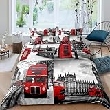 Pechiwuo Housse de Couette 140x200 cm 3D Londres Parure de Lit Autobus 140 x 200 cm 1 Personne Literie Set Microfibre Sets de Housse Couette + 1 Taies d'oreiller 65x65 cm R1772