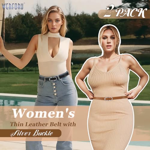 WERFORU 2Pack Thin Belts for Women Skinny Leather Belts for Jeans Pants Women Thin Leather Belt Black Belt with Gold Buckle2