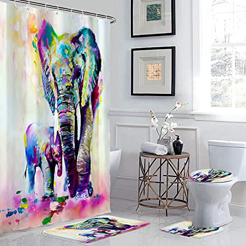 Tdcqqgqq 4 Pcs Unique Colorful Elephant Shower Curtain Set With Non-Slip Rug, Toilet Lid Cover And Bath Mat, Indian Elephant Shower Curtain With 12 Hooks, Waterproof African Shower Curtain, Color #TOP4