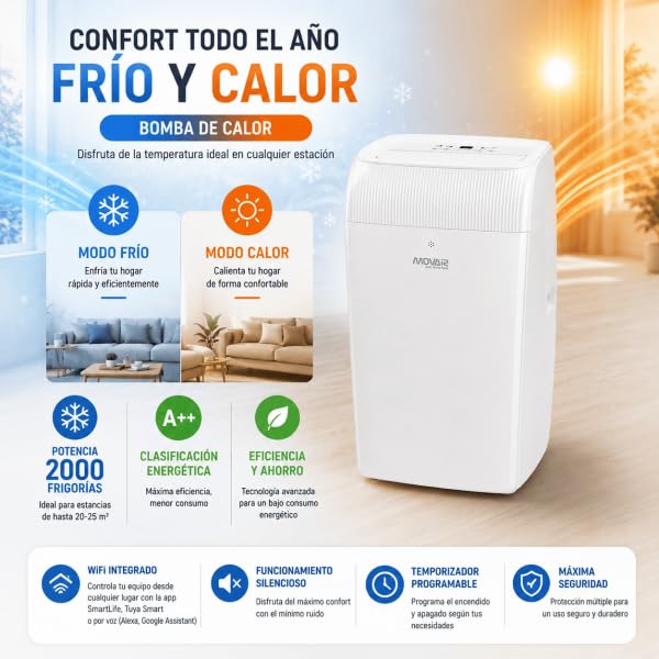 Bilake Aire Acondicionado Portátil MOV16-09-BC con Bomba de Calor, WiFi, 2,64 kW, Refrigeración, Calefacción, Ventilación y Deshumidificación