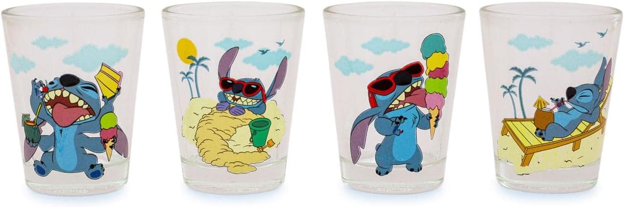 Disney Lilo & Stitch Beach Day 1.5-Ounce Mini Glass Cups, Set of 4 | Whiskey Shot Glasses, Home Barware For Liquor and Beverages, Kitchen Decor Essentials | Cute Kawaii Gifts And Collectibles