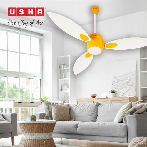 Image of USHA Bloom Sunspire Glow BLDC Ceiling Fan with 3-Mode Underlight |100% Copper Motor |RF Remote |Whisper-Quiet |Dust-Resistant |BEE 5 Star Rated |3Y Motor & 2Y PCB Warranty |White & Saffron Yellow