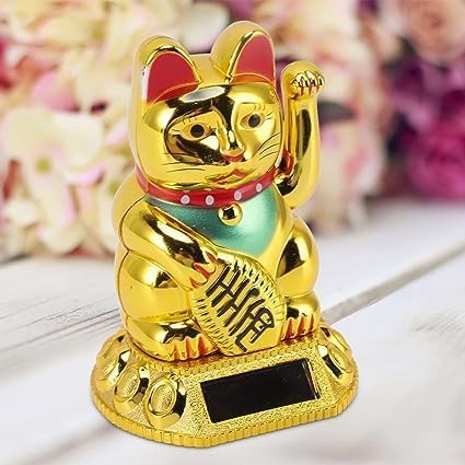 Buy Golden Lucky Cat Solar Powered Waving Figurine, Gold, Solar