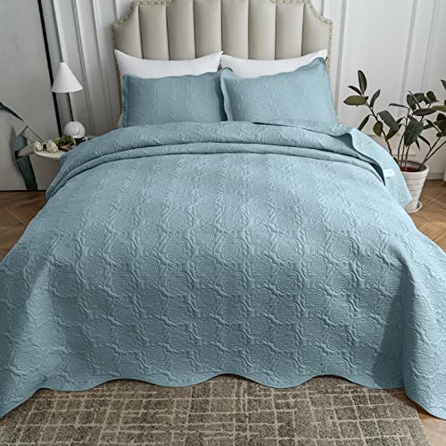 Auemtyn Quilt Set King Size Spa-Blue 3 Piece, Soft Bed Quilt Lightweight Microfiber Bedspread, Reversible Bed Coverlet For All Season (1 Quilt,2 Shams) #TOP5