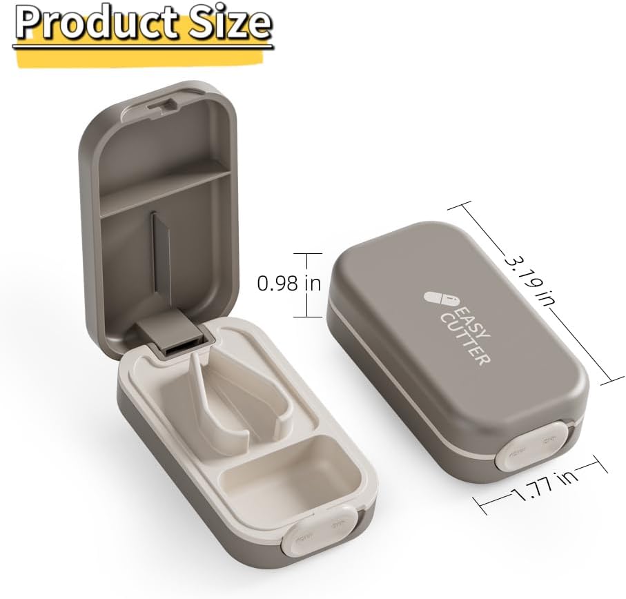 RICHCEE Easy Pill Cutter Pill Splitter for Small or Large Pills with Safety Lock-Includes Keychain Pill Holder, Easy Open Close, Travel-Friendly Design for Daily Use (Grey)