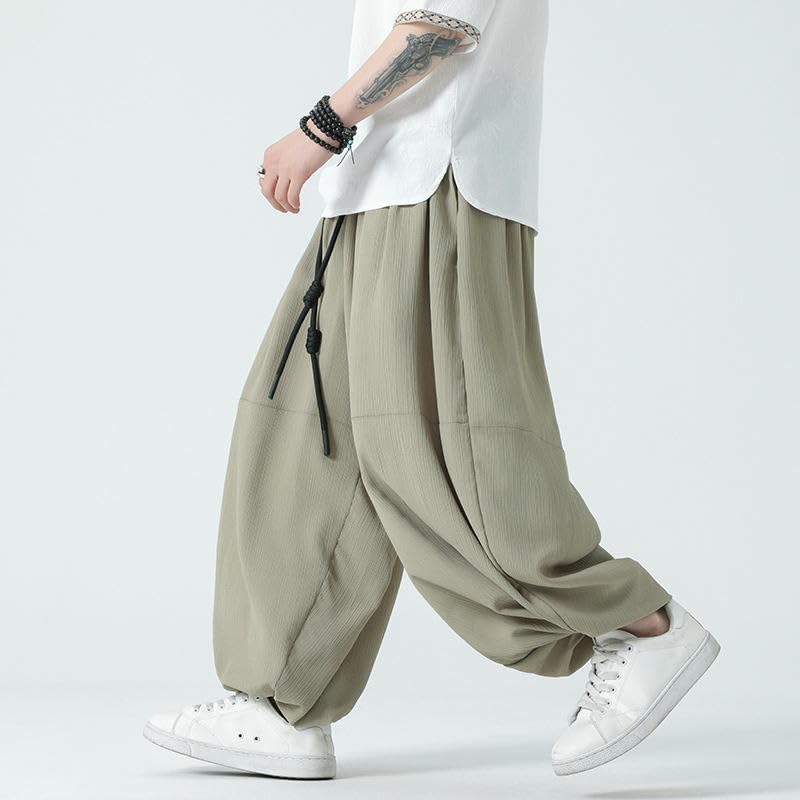 Men's Spring Summer Chinese Style Faux-Linen Vertical Stripes Loose Harem Trendy Lantern Long Pants4