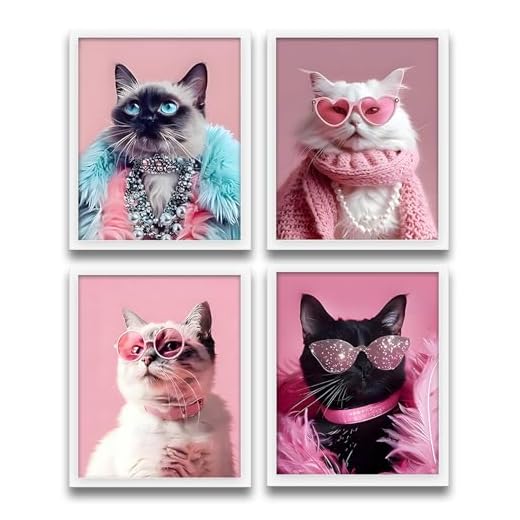XUNLURY Trendy Retro Cat Wall Art Prints Unframed Set of 4, Funny Fashion Pink Sunglasses Cat Kitten Artwork Wall Pictures for Girls Room Dorm Apartment Home, 8x10