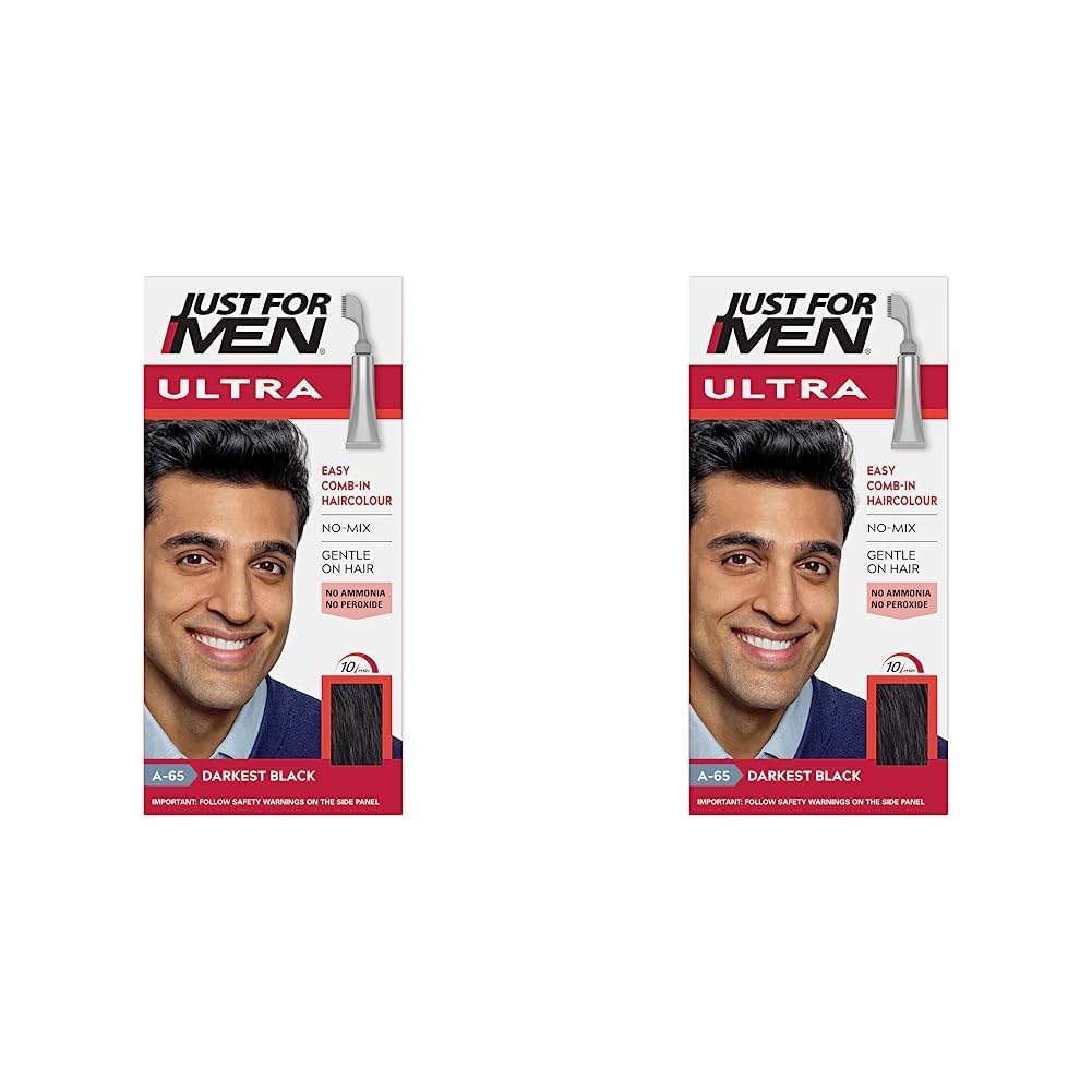 Just For Men Ultra Darkest Black Hair Colour Dye, No Mix Comb-In Applicator to Comb Away The Greys, Ammonia & Peroxide Free ā A65 (Pack of 2)
