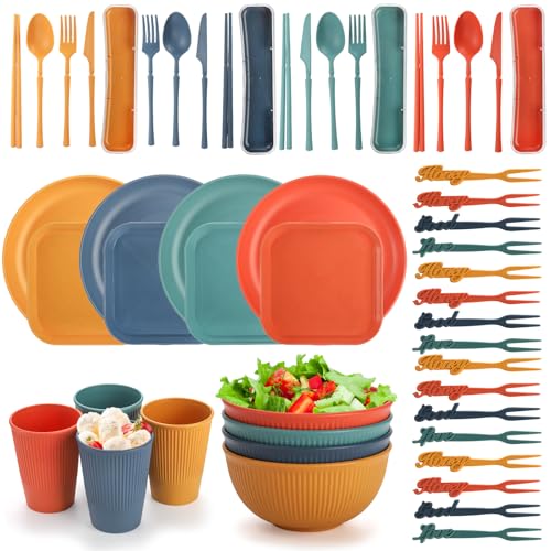 Lyellfe 44 Pieces Wheat Straw Dinnerware Sets, Unbreakable Camping Plates