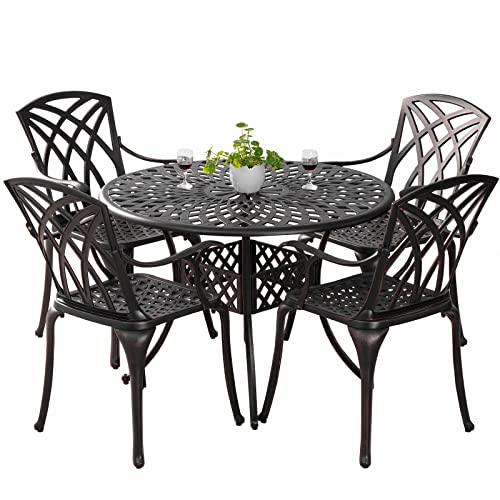 5-Piece Patio Dining Set Outdoor Round Bistro Table and Chairs Set of 4 with Umbrella Hole,Cast Aluminum Patio Furniture Set for Patio,Garden(Antique Bronze)