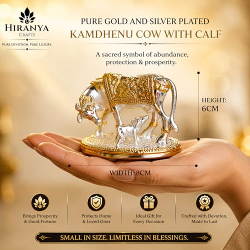 Image of 24k Gold & 999 Pure Silver Plated Kamdhenu Cow with Calf | Attracts Prosperity | Vastu Gift Wedding Housewarming | Certificate of Authenticity | Luxury Gift Box Included (Gold & Silver, 2.5 Inch)
