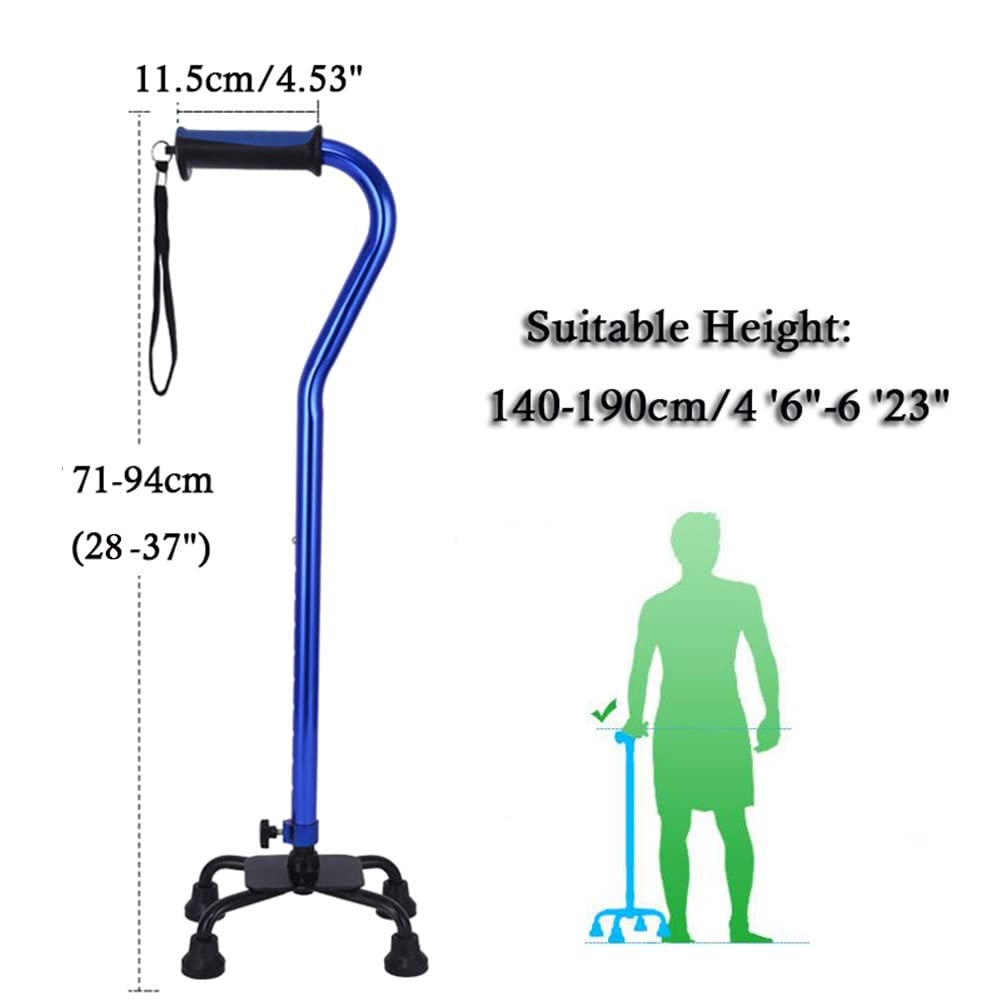 Bastone Quadripode, Bastone Leggero in Alluminio, Stampelle da Passeggio Regolabile per Anziani (Color : Bleu, Size : 71-94cm/28-37)