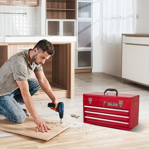 Wózek narzędziowy w kolorze czerwonym z 3 szufladami, stal 51,5 cm – wytrzymała szafka na narzędzia z łożyskami kulkowymi, wyściółka wewnętrzna EVA i centralny zamek dla majsterkowiczów i