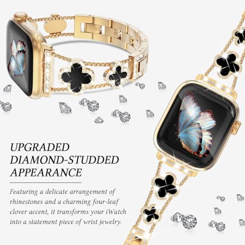 Image of ZORBES Bling Diamond Band Compatible with Apple Watch Bands for Women 40mm 41mm 38mm 42mm Series 11 10 9 8 7 6 5 4 SE 3 2 1, Sparkle Metal Bracelet Wristband, Cute Lucky Clover Dressy for iWatch Band