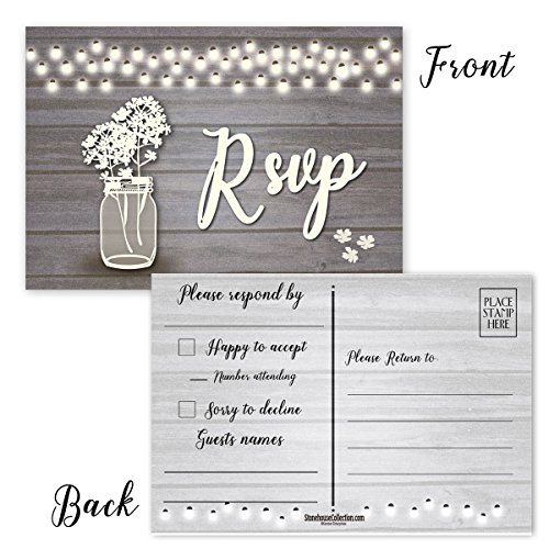 50 Rustic Blank RSVP Postcards - Lights, Jar & Flowers - 4 x6