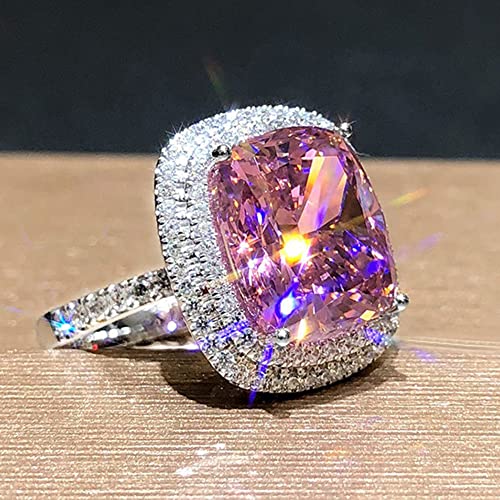 925 Sterling Silver Princess Oval Cut Pink Crystal Silver Ring with AAA White Cubic Zirconia Full Diamond Ring CZ Eternity Zircon Ring Engagement Wedding Ring Promise Cocktail Party Ring Size 10 by YWBMCYHPY - Used condition - US$7.16
