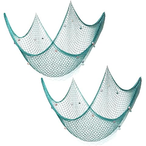 eZAKKA Fish Net Decorative, 2 Pieces Decorative Fishing Net 79 x 59inch Mediterranean Style Nautical Wall Hangings Decoration with Sea Shells, Turquoise Cover