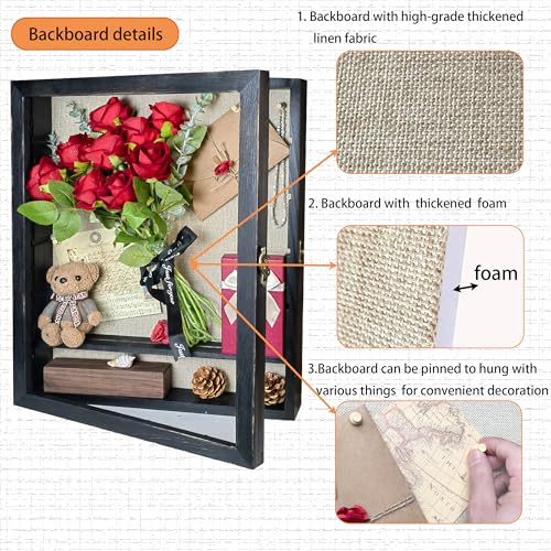 Image of Black Shadow Box Frame 16x20 Shadow Box with Shelves 2.6 inch Interior Depth Memorial Shadow Box Display Case with Linen Back for Handicrafts,Picture Frames,Medals,Coins,Pins Collection and More