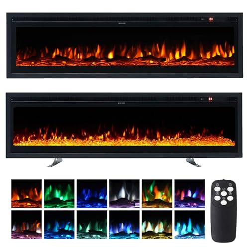 INMOZATA 3 IN 1 Electric Fire 152cm/60 Wall Mounted/Recessed/Freestanding Electric Fireplace with Remote & Touch Screen Control 12 LED Color Flame Effect 2 Heat Power 900W&1800W Crystal & Log Set