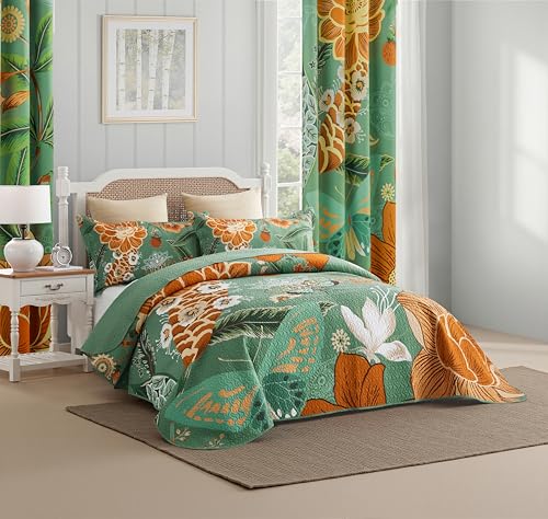 Image of Tyrot 3 Piece Sage Green Boho Floral King Size Quilt Sets Farmhouse Botanical Reversible Lightweight Bedspread Coverlet with 2 Shams Butterfly Microfiber Bedding Quilts Set for All Season, 106''x96''