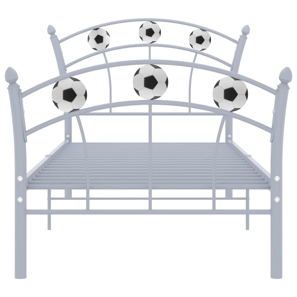 Kinderbett 90x200 cm aus Metall - Einzelbett im Fußball-Design mit Lattenrost, Stabiles Jugendbett für Jungen & Mädchen, Graues Metallbett für das Kinderzimmer, 207,6x95,8x101 cm