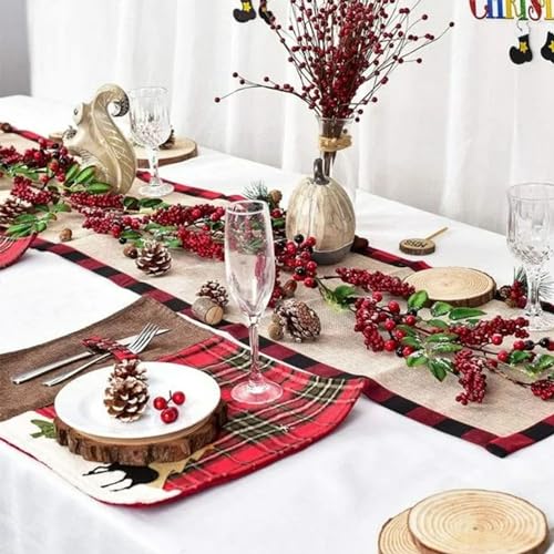 Guirnalda de bayas rojas con hojas verdes con alambre, guirnalda de bayas de Navidad, guirnalda artificial para vacaciones, temporada de invierno, chimenea, camino de mesa, centro de mesa, decoración