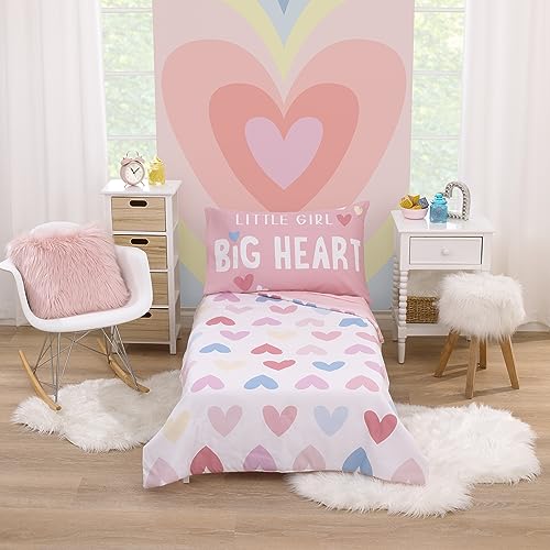 Image of Everything Kids Hearts Pink, Blue and White Little Girl Big Heart 4 Piece Toddler Bed Set - Comforter, Fitted Bottom Sheet, Flat Top Sheet, and Reversible Pillowcase