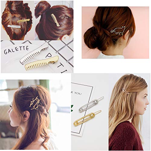26Pcs Gold Silvel Minimalism Hair Clips Dainty Feather Hollow Geometric Clasps Moon Triangle Circle Bow Infinity Hairpin Crown Star Cat Hair Barrettes For Girl Women With Thick Hair Styling (26 Pcs) #TOP2