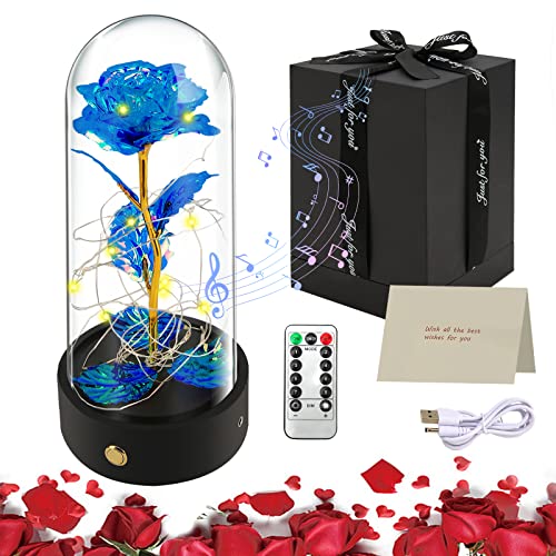 Mothers Day Mom Gifts,Rose in a Glass Dome with LED Light,Forever Eternal Crystal Rose Light with Music Box Function,Artificial Flower Gift Flower,Office or Home Decorations,Gift for Wife Her (Blue)