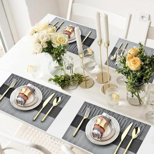 Image of Potency Table Mats Set of 6, Woven Placemats for Dining Table, Heat-Resistant, Stain-Resistant, Anti-Skid, Washable Table Mats, Vinyl Placemats for Dining, Kitchen & Restaurant Table (A Black Grey)
