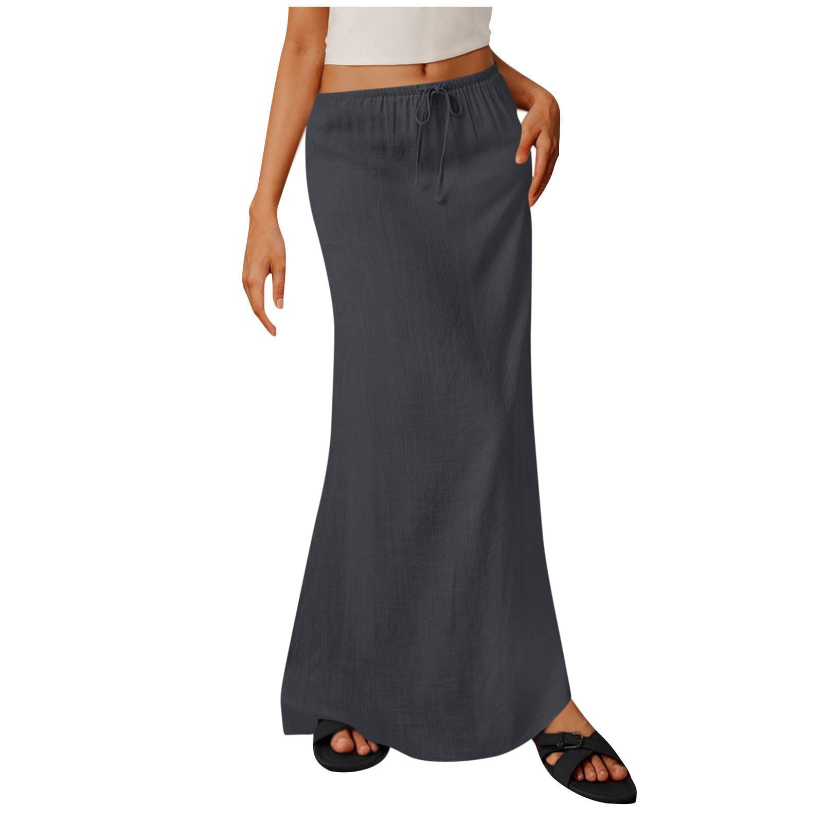 Womens Solid Linen Skirt Low Rise Basic Drawstring Straight Knee Length Long Skirts with Pockets Breathable Design 2025