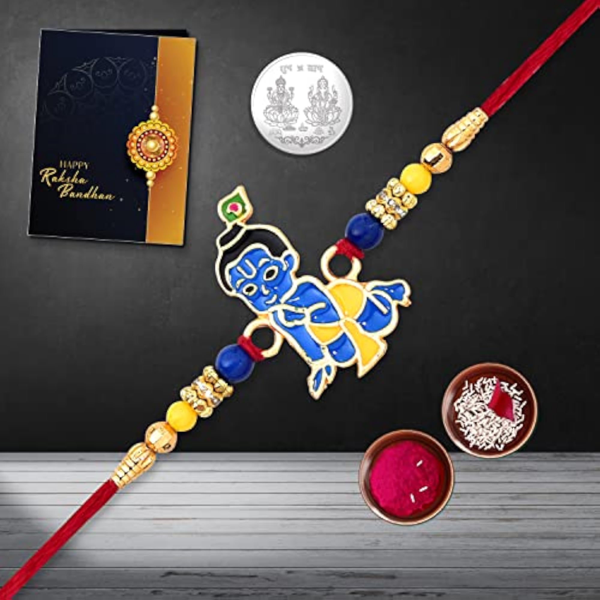 Multicolor Krishna Rakhi Combo with Pooja Coin and Greeting Card